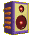 Pixelated speaker icon with purple frame, yellow side , and red circular elements showing sequential sound wave animations