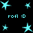 cyan star-shaped icons on a black background with repeated text 'rofl :D' in cyan pixelated font