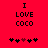 Red background with black text "I LOVE coco" and five heart symbols below, where the third heart is maroon.