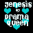 Pixelated icon with white text 'genesis to drama queen' surrounded by cyan hearts on black background, showing animation changes in heart positions.