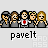 Pixel art of six cartoon figures in gray shirts with one red heart symbol, displayed across three background variations including light gray, dark gray, and black.