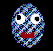 Two pixelated oval faces with blue and white striped patterns, red mouths, and large white eyes with black pupils, positioned side-by-side against a black background.