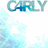 A static image displays the name 'CARLY' in stylized blue letters over a light blue and white abstract background with star-like patterns.
