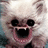 Pixelated image of a white dog with wide eyes and open mouth showing teeth, set against black background with red text.