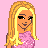Pixel art of a blonde woman in pink sequined top and black pants with orange shoes, standing against pink background.