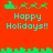 Red background with green pixelated holiday symbols and cyan text reading 'Happy Holidays!!' in two