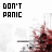 Static image with 'DON'T PANIC' text above a red and white abstract shape resembling smoke or fire, featuring subtle variations in color intensity