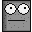 Pixelated gray square with white circular eyes and black pupils, showing four distinct facial expressions including straight line mouth, teeth, red lips, and single red dot.