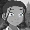 Black-and-white cartoon-style icon of a character with short dark hair, large eyes, and a slight smile, wearing a light-colored shirt with a collar.