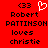 Red background displays black text reading 'Robert Pattinson loves christie' with a white heart symbol above the name on the left side.