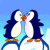 Two cartoon penguins stand on a white mound against blue background, facing each other with beaks touching as red hearts float above them.