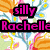 Pixelated image with pink text overlays on beach and floral backgrounds, showing partial phrases like 'silly', 'Rachelle', 'guys R', and 'STUPID' in bold font.