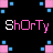 Pixel art contact sheet showing six frames of an animated icon with pink and blue blocky figures repeating across a black background, accompanied by alternating text "ShOrTy" in white and pink pixelated font.