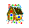 Four pixelated gingerbread house icons arranged in a , each with distinct door/window colors and chimney smoke patterns