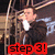 Pixelated image of a person in dark clothing with a white shirt, holding a microphone, overlaid with red text reading 'step 3!'