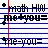 Pixelated text on blue lines with red accents, showing repeated phrases and a single word in red.