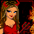 A 4-frame contact sheet of a pixel-art devil-themed buddy icon showing a woman with red horns, blue eyes, and a red dress against a black background with fire effects.