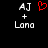 Pixelated text 'AJ' and 'Lana' with a red heart symbol between them on a black background, showing two states where the heart is present or absent.