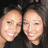 Two pixelated faces side-by-side with light skin tones, dark hair, and black clothing against a dark background.