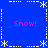Blue background with white snowflake and dotted line border, four pink "Snow!" texts at corners.