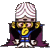 Pixelated cartoon character with white turban, yellow facial features, blue torso, black and purple cape, standing against gray background.