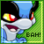 Pixelated cartoon character with black hair, yellow-red eyes, and gray beak-like mouth showing teeth against blue sky and green grass background.
