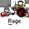 Animated contact sheet of 8 frames showing a pixel art band performing with drum kit, guitar, and bassist characters under "Rage" text.