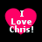 Four identical pink heart-shaped icons with white text "I Love Chris!" on a black background, arranged in a