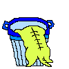 Yellow cat with stitched body partially inside blue-and-white trash can, showing various expressions and text overlays.