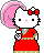 Pixelated Hello Kitty avatar in red dress with green accents, pink hair bow, and orange nose; left pose shows arms at sides, right pose shows raised right arm.