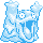 Pixelated blue and white cartoon-style icon depicting a stylized creature with rounded shapes, cloud-like features, and abstract body parts on a gray background.