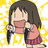 Pixelated character with brown hair singing into a black microphone, wearing pink top and dark jacket over red skirt against yellow sparkly background.
