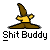 Pixelated static icon of a wizard hat with yellow accents and brown base, positioned above bold text reading "Shit Buddy" on gray background.