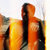 Pixelated figure in orange and yellow tones with dark vertical stripes, standing against a light background with blurred shapes.