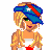 Pixel art contact sheet showing a female character in patriotic red/white/blue attire with blonde hair, green eyes, and a blue visor hat across multiple frames including full-body and partial views.
