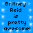 Blue background with white pixelated sparkles and repeated black text reading "Britney Reid is pretty awesome!" in a pattern
