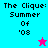 Four display "The Clique: Summer Of '03" text with a star icon changing color between cyan and pink backgrounds