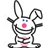 Pixelated cartoon rabbit with pink nose and blue eyes, smiling widely while text reads 'i hate every thing.' on white background.