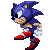 Six pixel-art frames of a blue hedgehog character in running motion, red shoes with white accents, and white gloves against gray background.