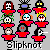 Pixel art of nine distinct cartoonish figures with red and pink clothing arranged in a 3x3 grid above the word 'Slipknot' on gray background.