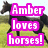 Pixelated image of a black horse in motion against green grass and light sky, overlaid with three stacked pink text boxes containing white pixelated letters.