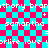 Pixelated text repeats on a red and cyan checkered background with blue lines, showing animated changes in the central area