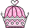 Pixel art crown with pink dome, white lace trim, four square windows, and a heart on top; two versions show different side sparkles.