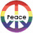 Rainbow peace symbol with 'Peace' text, pink hearts on green background with 'Love', yellow smiley face with 'Happiness'