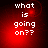 Red background with white pixelated text reading 'what is going on??' in four , each showing a different pixel density and brightness variation
