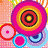 Pixelated of six distinct sections with colorful patterns and text on solid backgrounds