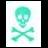Pixelated green skull and crossbones icon on white background with light pink and gray pixel artifacts.