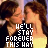 Pixelated image of two people in close embrace with text overlay reading HE'LL STAY FOREVER THIS WAY.