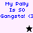 Blue pixelated text reads "My Polly Is 50 Gangsta! <3" on four background variations with a black or white star icon below.