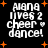 Pixelated text reads 'alana lives 2 cheer & dance!' with orange stars on black background, animated by star position changes.